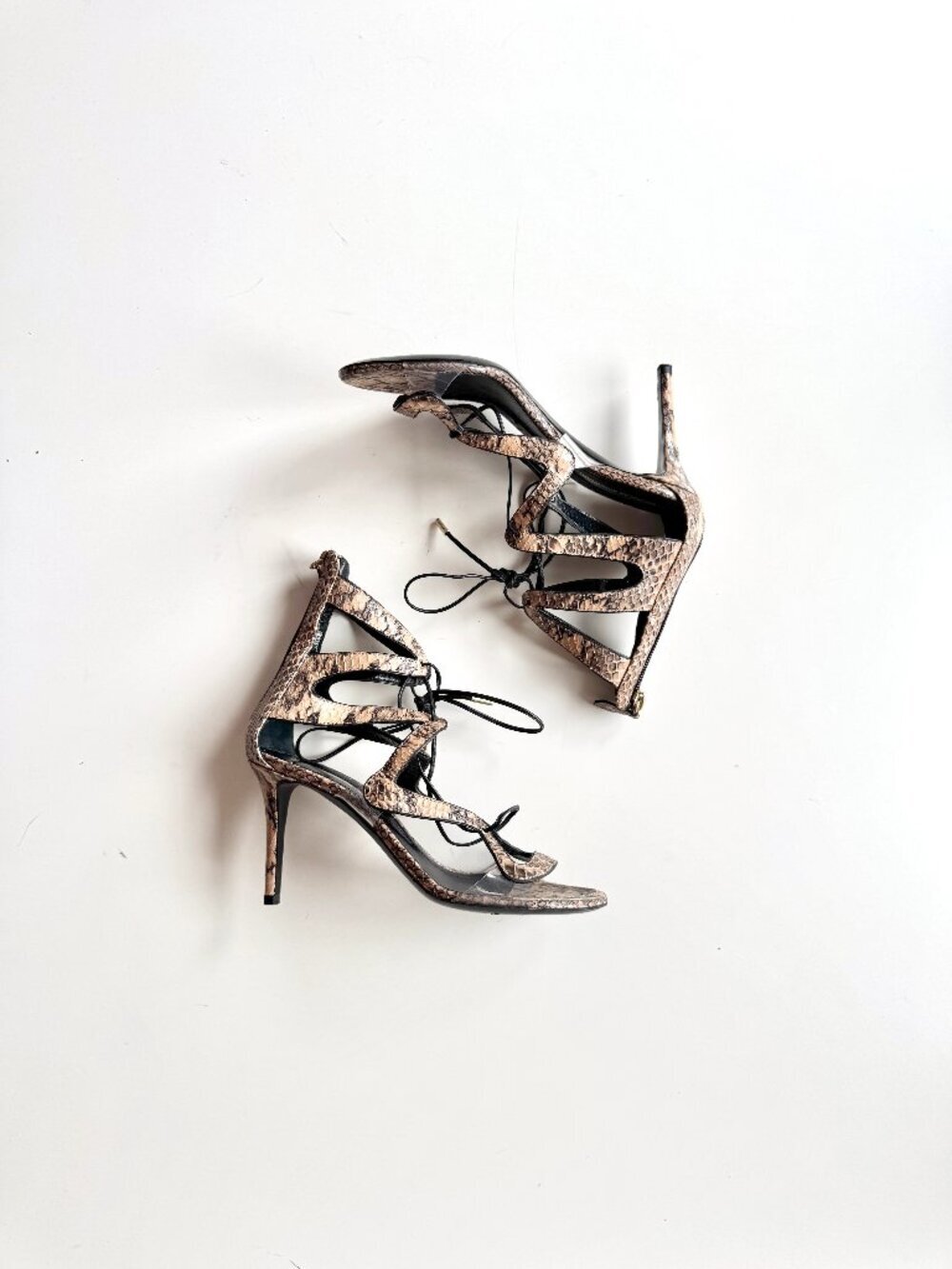 NICHOLAS KIRKWOOD Serafin Snake Leather Lace Up Strappy Cage Sandals, Size 36.5